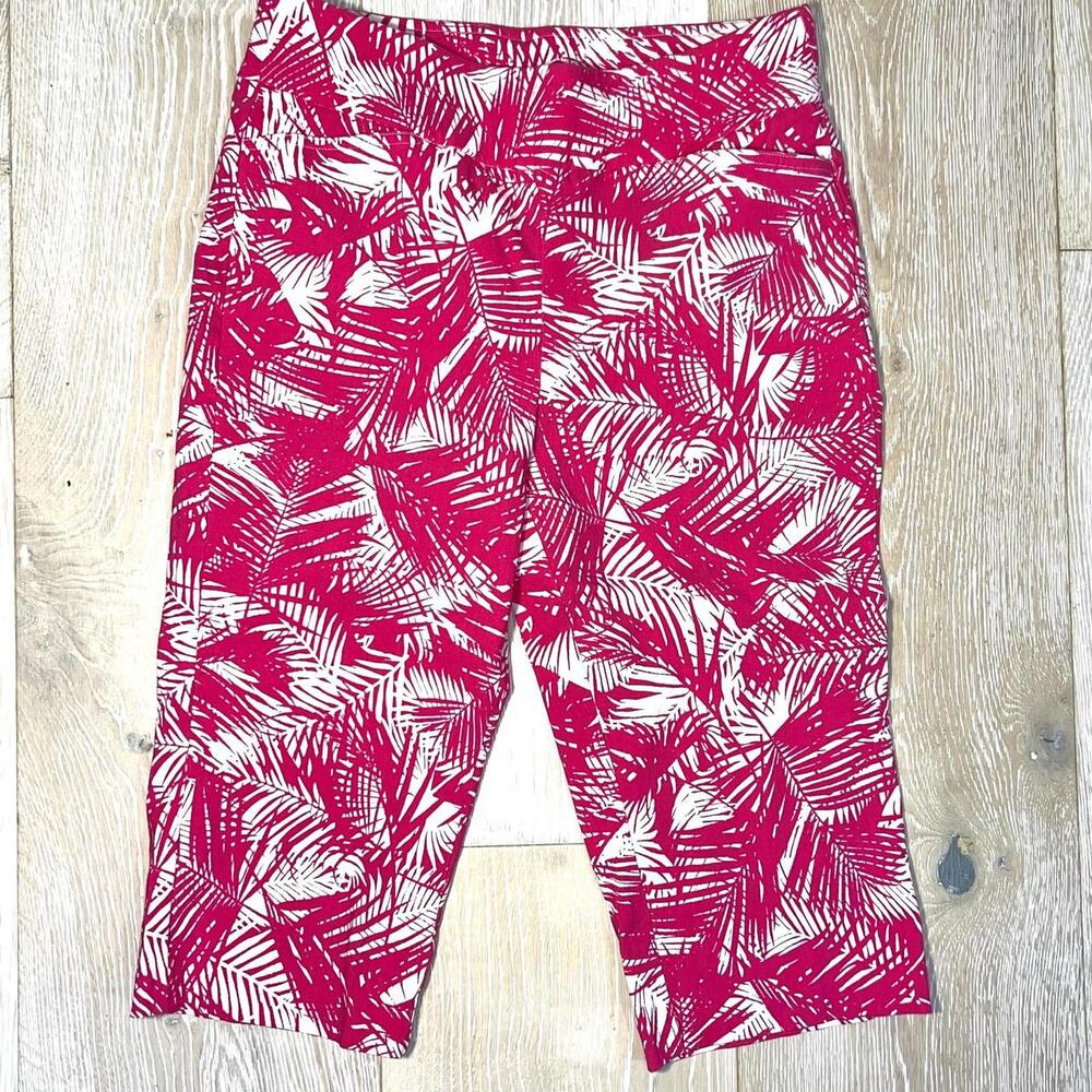 Belle by Kim Gravel - Capri Pants Women's 12 Pink White Palm Trees Slash Pocket